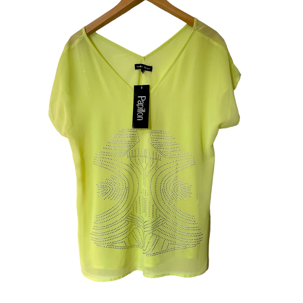 🤩 Y2K. NWT! Splendid bright yellow shear top with embellishments size 14.